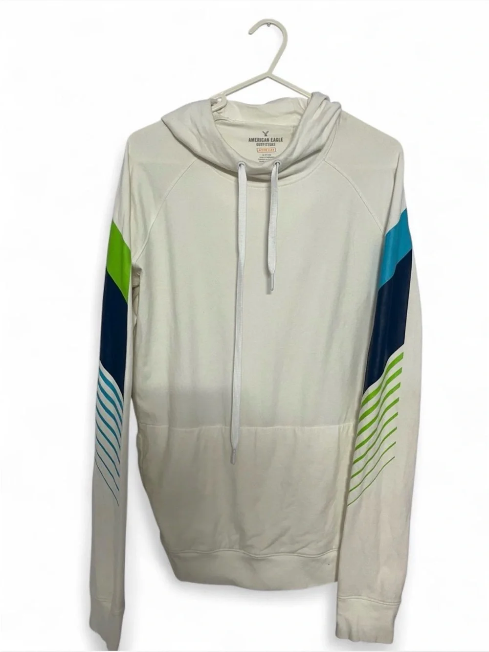 American Eagle Outfitters White Hoodie with Blue & Green Sleeve Accents